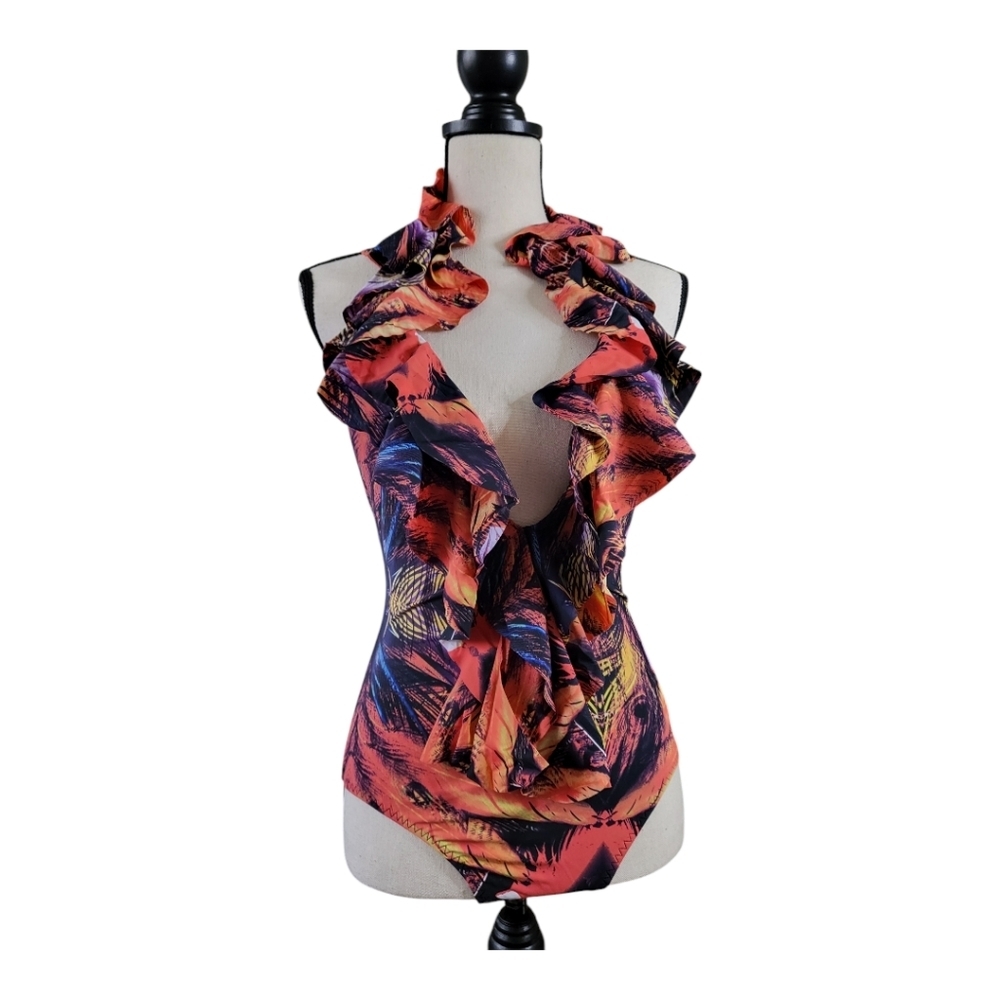 💕Red Carter one piece halter Ruffled Tropical‎ Print Swimsuit